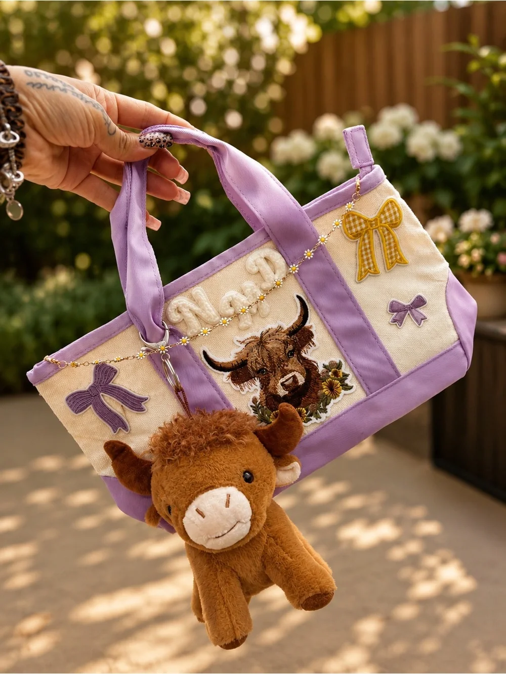 Kids Plush Bull Charm Tote Bag - Lavender